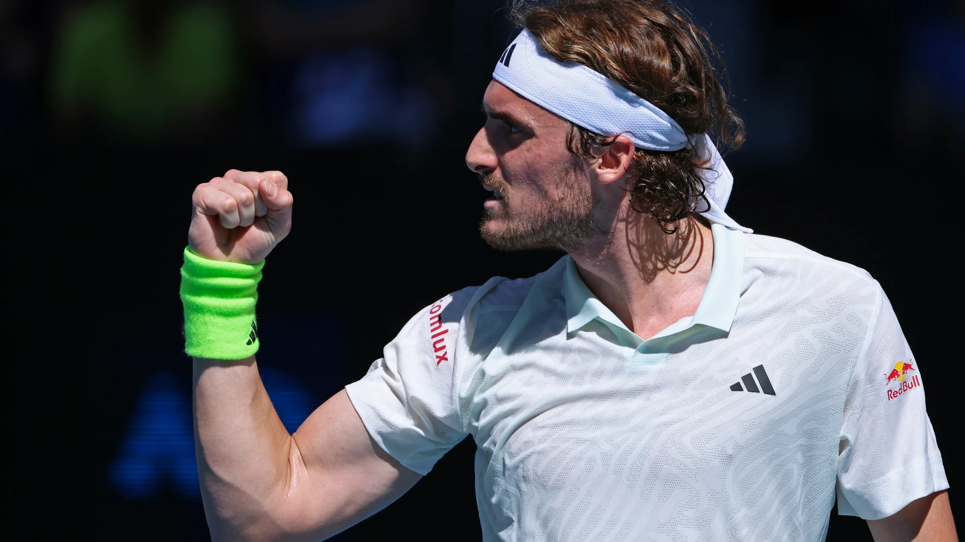 Stefanos Tsitsipas of Greece reacts during his first round match against Zizou Bergs from Belgium at the Australian Open tennis championships at Melbourne Park, Melbourne, Australia, Monday, Jan. 15, 2024. (AP Photo/Asanka Brendon Ratnayake)