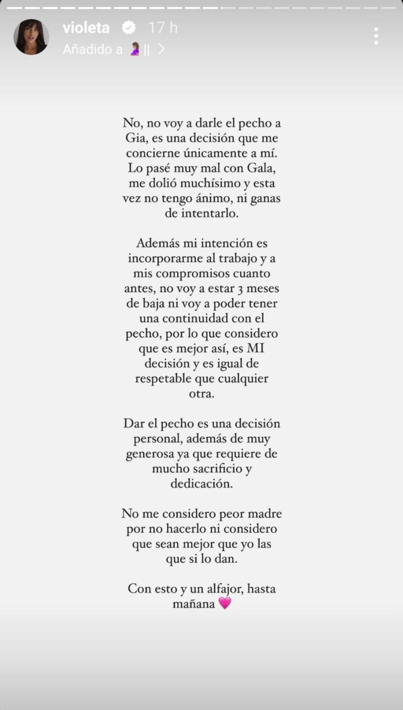 El mensaje de Violeta Mangriñán sobre su decisión de no dar el pecho