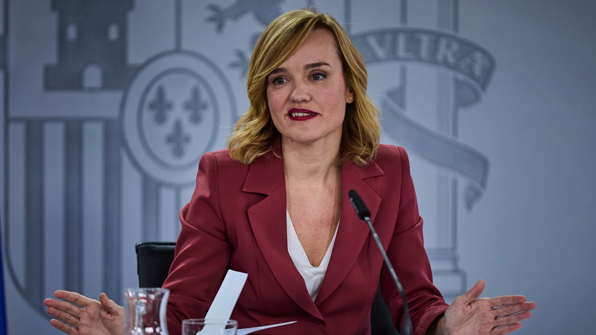 La ministra de Educación y portavoz del Gobierno, Pilar Alegría durante la rueda de prensa tras el Consejo de Ministros celebrado este martes en La Moncloa en Madrid © Alberto R. Roldán / Diario La Razón.16 01 2024