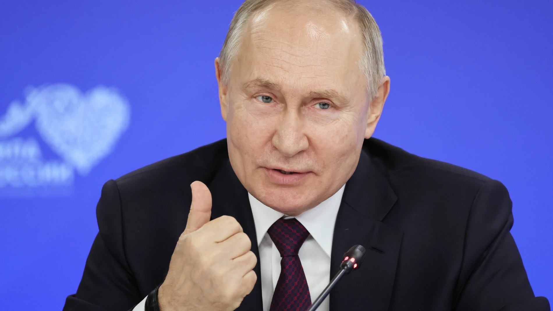 Russian President Vladimir Putin gestures with speaking at a meeting with heads of municipalities in the constituent entities of Russia during the Russian Municipal Forum "Small Motherland - the Strength of Russia", outside Moscow, Russia, Tuesday, Jan. 16, 2024. (Sergei Savostyanov, Sputnik, Kremlin Pool Photo via AP)