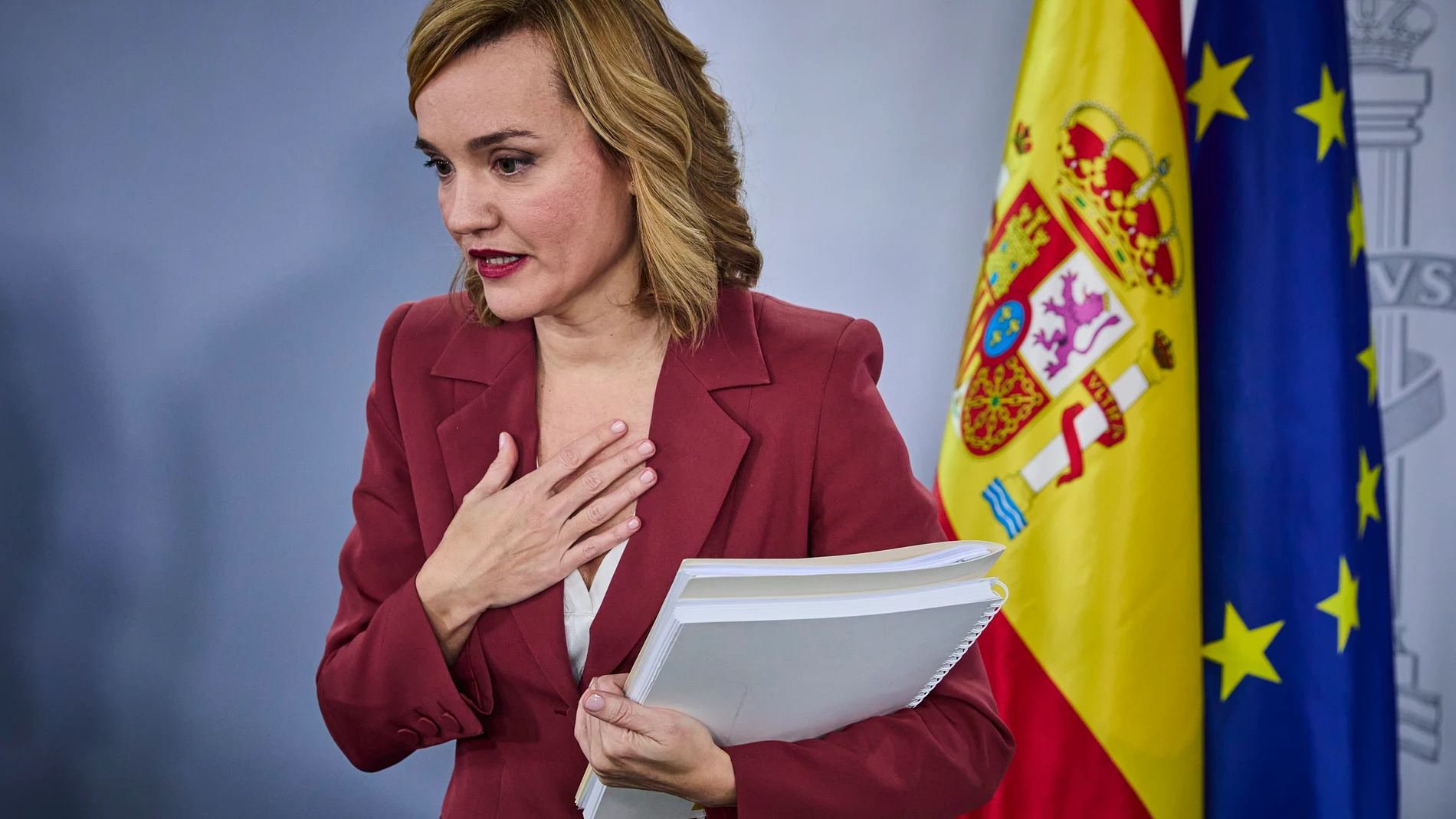 La ministra de Educación y portavoz del Gobierno, Pilar Alegría durante la rueda de prensa tras el Consejo de Ministros celebrado este martes en La Moncloa en Madrid © Alberto R. Roldán / Diario La Razón. 16 01 2024