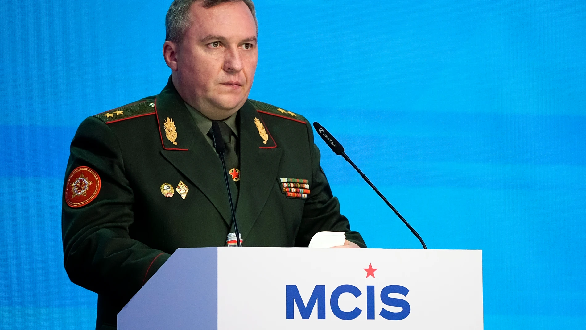 FILE - Belarusian Defense Minister Viktor Khrenin delivers his speech at the International Military Forum Army-2023 in the Patriot Park near Moscow in Moscow, Russia, Tuesday, Aug. 15, 2023. The defense minister of Belarus said Tuesday that the country closely allied with Russia will put forth a new military doctrine that provides for the use of nuclear weapons for the first time. (AP Photo/Alexander Zemlianichenko, File)