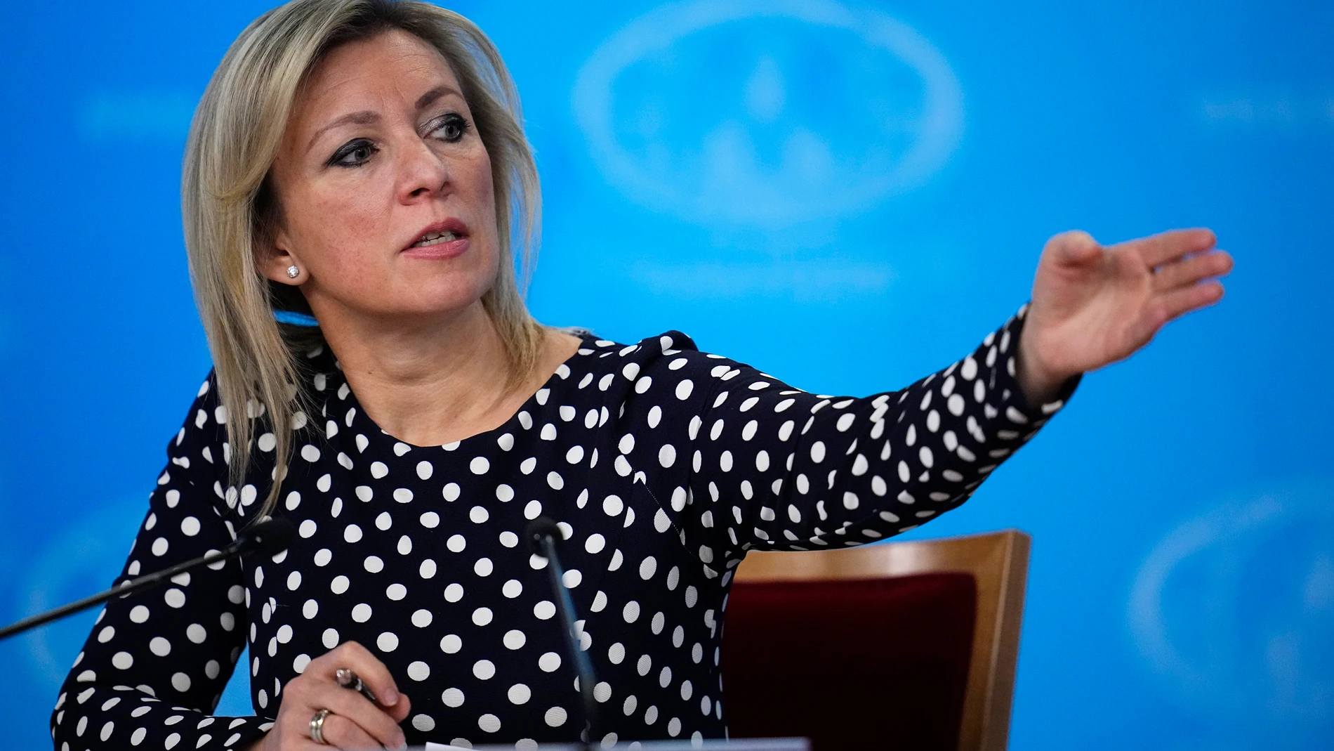 Russian Foreign Ministry spokeswoman Maria Zakharova gestures during Russian Foreign Minister Sergey Lavrov's annual news conference in Moscow, Russia, Thursday, Jan. 18, 2024. (AP Photo/Alexander Zemlianichenko)