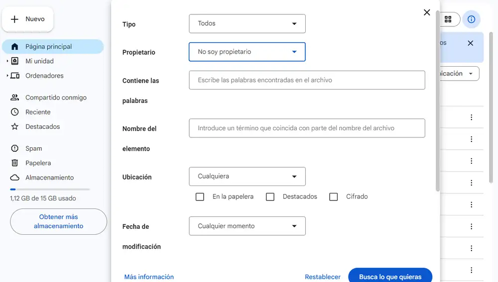 Diferentes opciones a la hora de seleccionar en Google Drive