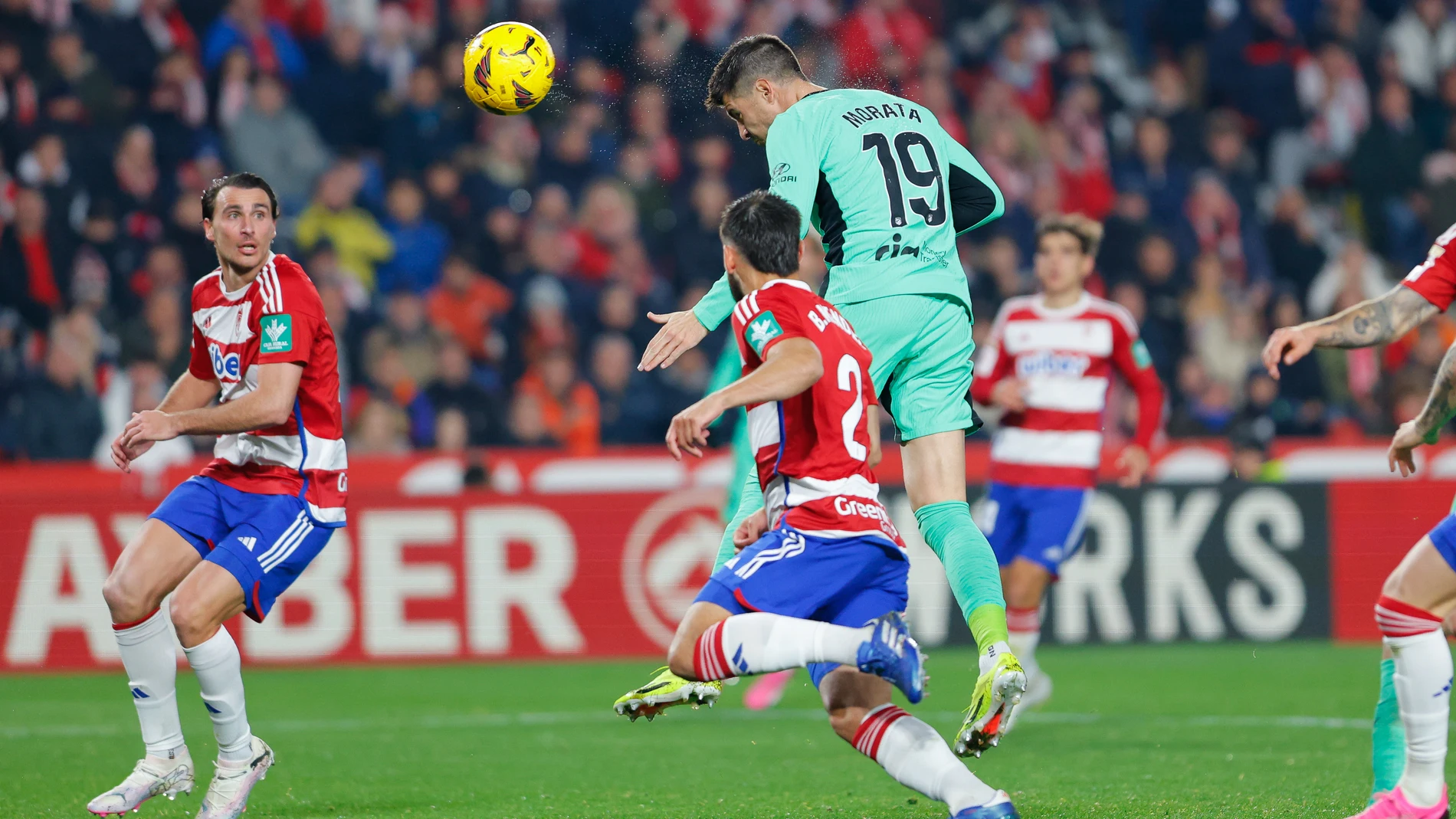 Alvaro Morata of Atletico de Madrid scores the first goal of the match in action during the Spanish league, La Liga EA Sports, football match played between Granada CF and Atletico de Madrid at Nuevo Los Carmenes stadium on January 22, 2024, in Granada, Spain. AFP7 22/01/2024 ONLY FOR USE IN SPAIN