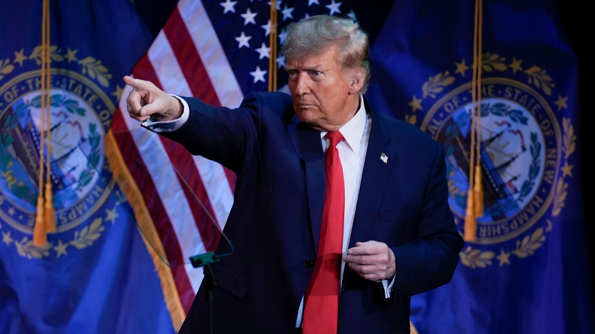 Republican presidential candidate former President Donald Trump pointing to members of the audience during a campaign event in Rochester, N.H., Sunday, Jan. 21, 2024. (AP Photo/Charles Krupa)