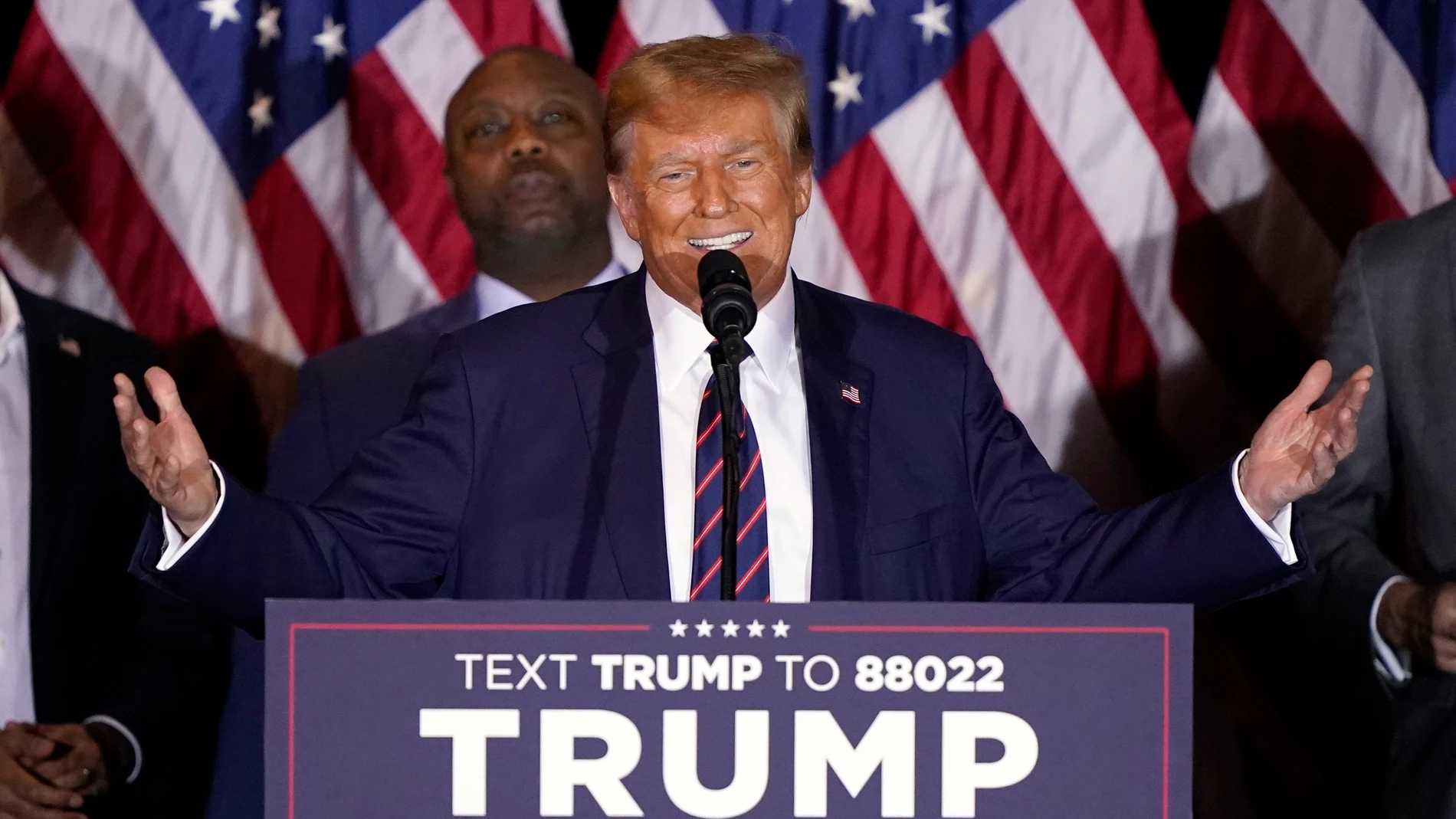 Republican presidential candidate former President Donald Trump speaks at a primary election night party in Nashua, N.H., Tuesday, Jan. 23, 2024. (AP Photo/Pablo Martinez Monsivais)