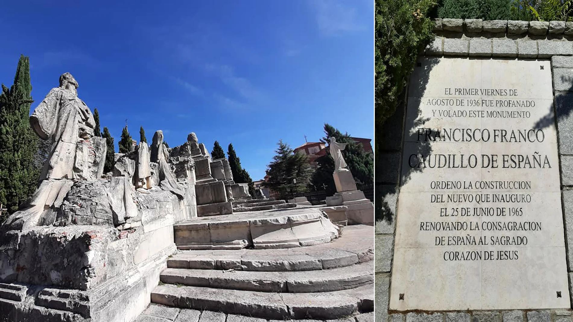 Detrás de lo que se mantiene en pie tras la voladura de 1936 está la placa que recuerda la reconstrucción ordenada por Franco