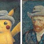 A la izquierda, el Pokémon ataviado con el sombrero de fieltro gris, junto al «Autorretrato» de Van Gogh