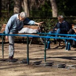 Gente mayor haciendo deporte y ejercicio en el Parque del Retiro. 
