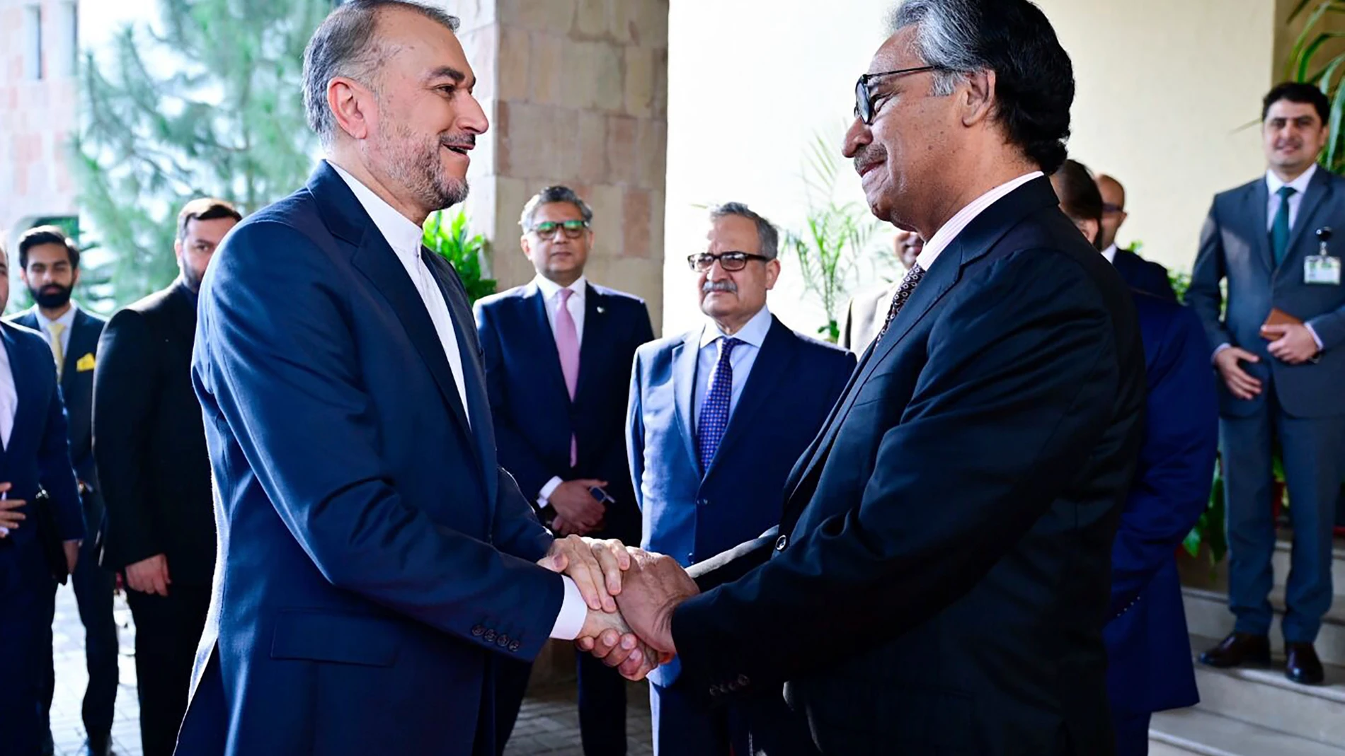In this photo released by Pakistan's Ministry of Foreign Affairs, Pakistan's caretaker Foreign Minister Jalil Abbas Jilani, right, greets Iran's Foreign Minister Hossein Amirabdollahian upon his arrival for a meeting at Ministry of Foreign Affairs in Islamabad, Pakistan, Monday, Jan. 29, 2024. Iran's foreign minister was in Pakistan for talks on deescalating tensions after deadly airstrikes by Tehran and Islamabad earlier this month killed at least 11 people, marking a significant escalation ...