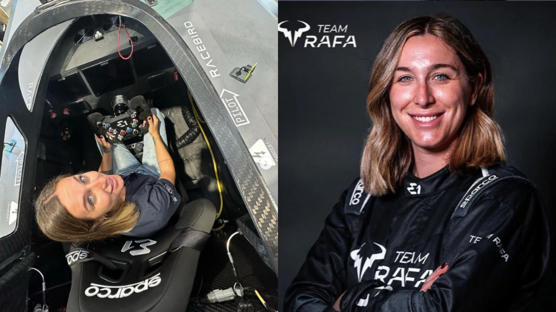 Cris Lazarraga a los mandos de una de las lanchas eléctricas con las compiten en la E1 Series y posando como piloto del Team Nadal