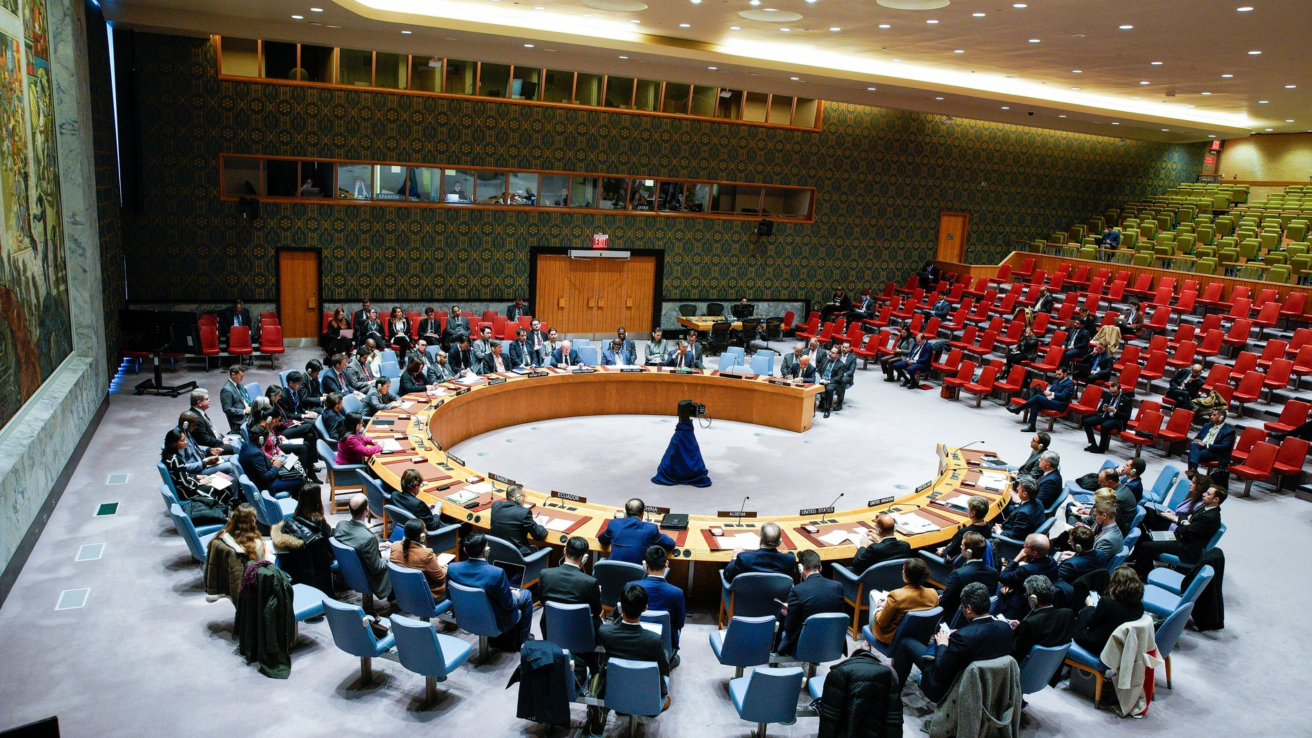 New York (United States), 05/02/2024.- Russia's Ambassador to the UN Vassily Nebenzia (back C) speaks during a United Nations Security Council meeting, which was called by Russia in response to recent airstrikes by the United States in Iraq and Syria, at United Nations headquarters in New York, New York, USA, 05 February 2024. The United States launched the attacks following a recent drone attack on a US base in Jordan that killed three US soldiers. (Jordania, Rusia, Siria, Estados Unidos, Nu...