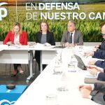 Cuca Gamarra junto a Paloma Martín y Elías Bendodo, en el encuentro con consejeros de agricultura de la comunidades gobernadas por el PP.