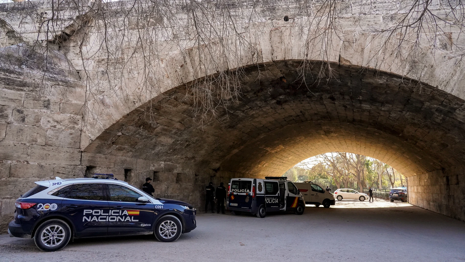 Varios vehículos de Policía en el lugar donde han sucedido los hechos, bajo el Puente del Real, en el Jardín del Turia, a 7 de febrero de 2024, en Valencia, Comunidad Valenciana (España). La Policía Local ha detenido a un hombre por matar a pedradas en la cabeza a dos personas que dormían bajo el Puente del Real en el Jardín del Turia de Valencia tras entregarse el presunto autor en la comisaría de Ciutat Vella. Tras realizar una batida por la zona indicada por el detenido, la Policía ha hall...