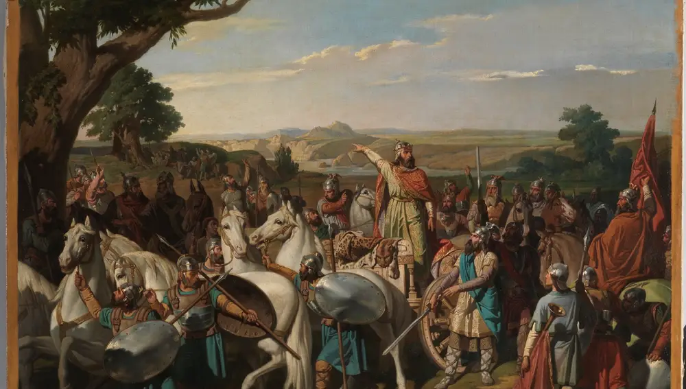 "El rey don Rodrigo arengando a los jefes de su ejército antes de dar la batalla del Guadalete" (1871), de Bernardo Blanco y Pérez