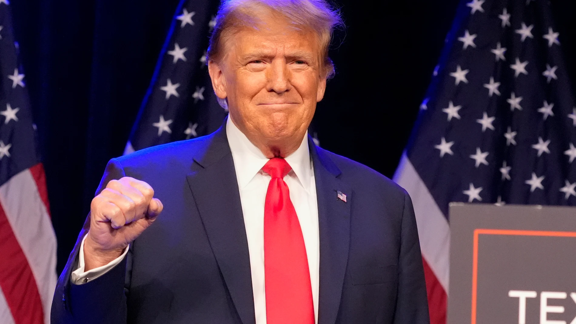 Republican presidential candidate former President Donald Trump arrives to speak at a caucus night rally in Las Vegas, Thursday, Feb. 8, 2024. (AP Photo/Alex Brandon)