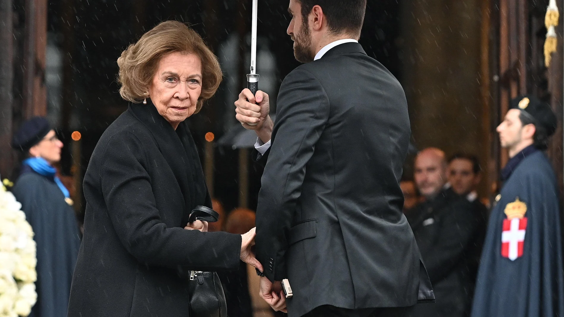 Former Queen of Spain Sofia (L) arrives for the funeral ceremony of late Prince Vittorio Emanuele of Savoy, at the Duomo cathedral in Turin, northern Italy, 10 February 2024.