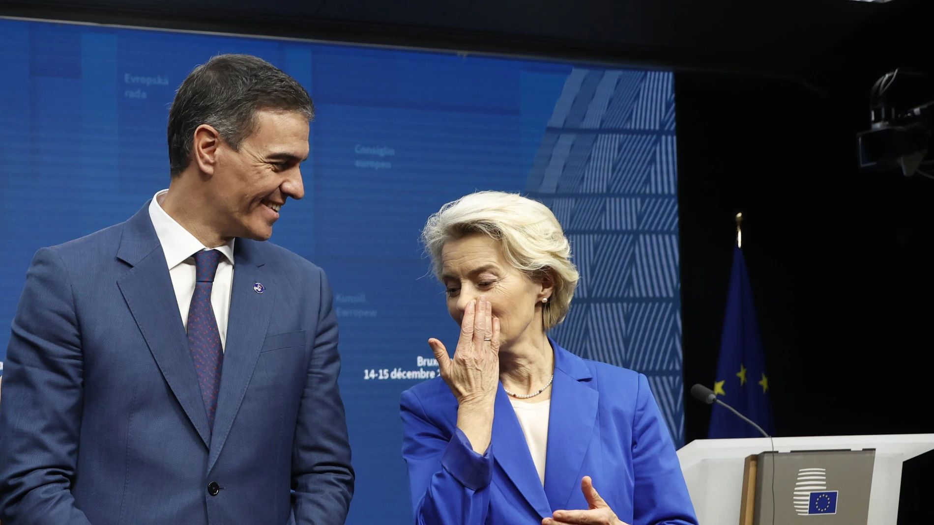 Spain's Prime Minister Pedro Sanchez and European Commission President Ursula von der Leyen pose at a media conference at the conclusion of a European Union summit in Brussels.