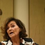 La presidenta de la Comisión, diputada del PSOE y exvicepresidenta primera del Gobierno Carmen Calvo, durante la Comisión de Igualdad, en el Congreso de los Diputados, a 25 de enero de 2024, en Madrid (España). Durante su comparecencia, ha informado sobre las líneas generales de la política de su departamento. 25 ENERO 2024;MINISTRA;IGUALDAD;COMISIÓN;CONGRESO; Fernando Sánchez / Europa Press 25/01/2024