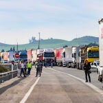 Conductores de coches y camiones esperan para pasar durante el corte de carretera realizado por cientos de agricultores esta mañana de miércoles en ambos sentidos de la autovía A-66 a la altura de la salida de Santiponce (Sevilla). EFE/ Raúl Caro.