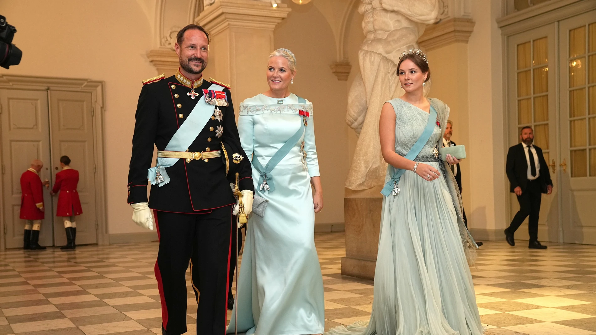 Crown Prince Haakon and Crown Princess Mette-Marit of Norway with their daughter Princess Ingrid Alexandra arrive for a gala dinner on the occasion of Prince Christian's of Denmark 18th birthday, at Christiansborg Castle in Copenhagen, Denmark