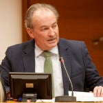 El conseller de Agricultura, José Luis Aguirre, durante su comparecencia en Les Corts