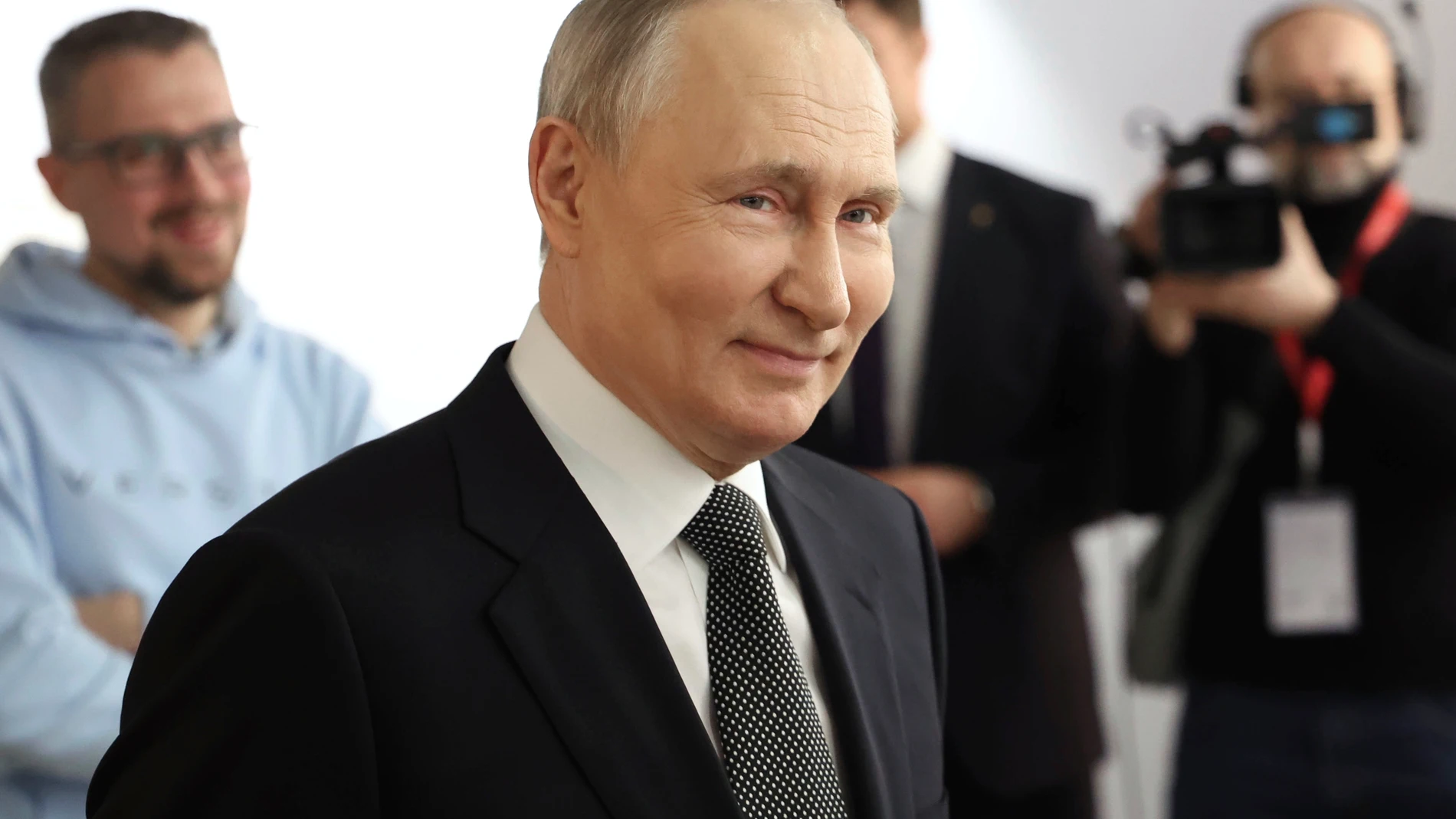 Russian President Vladimir Putin visits an exhibition as part of the Strong Ideas for a New Time forum held by the Agency for Strategic Initiatives (ASI) autonomous non-profit organisation in Moscow, Russia, Tuesday, Feb. 20, 2024. (Alexander Kazakov, Sputnik, Kremlin Pool Photo via AP)