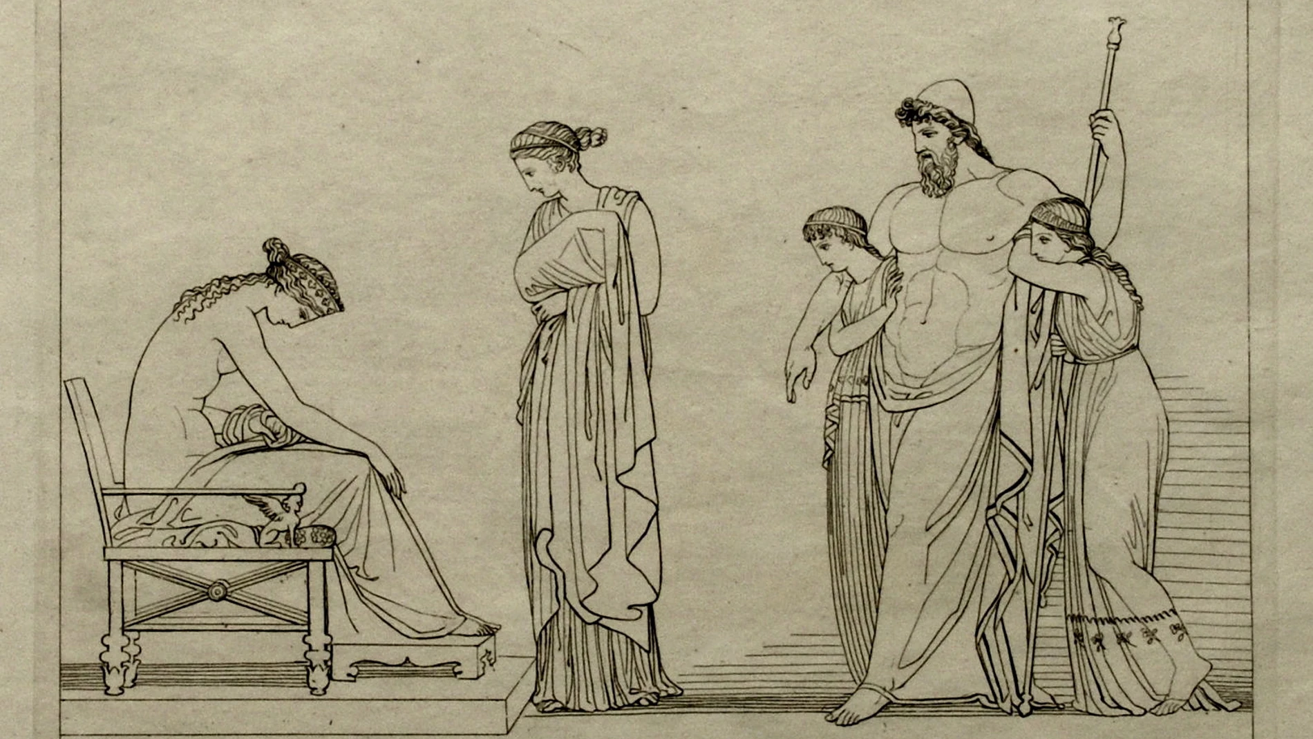 En la Ilíada, aquí según grabado de Flaxman, se recuerdan varias de las hazañas de Hefesto