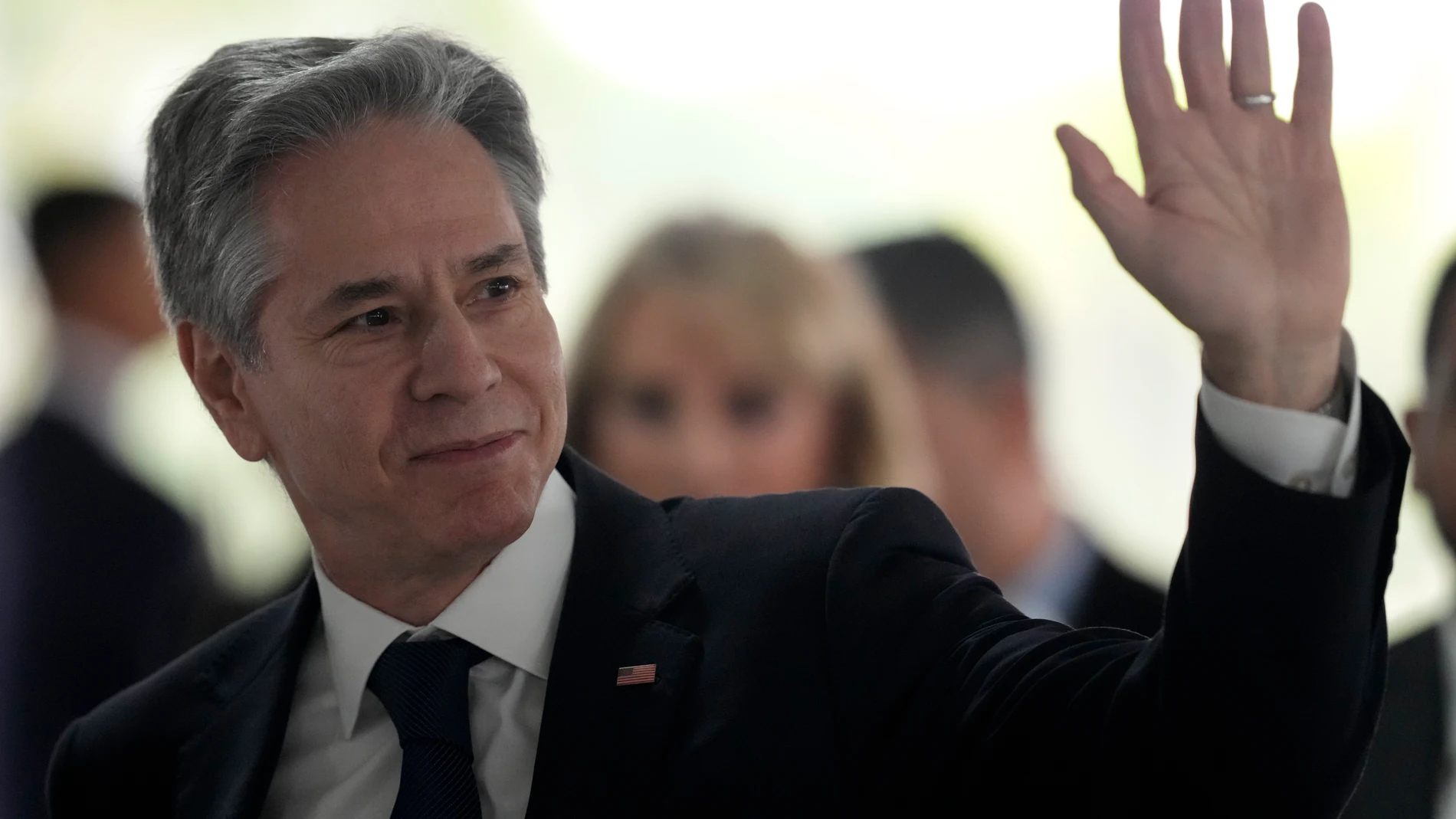 U.S. Secretary of State Antony Blinken, waves to journalists during his arrival for a meeting with Brazil's President Luiz Inacio Lula da Silva, at Planalto presidential palace, in Brasilia, Brazil, Wednesday, Feb. 21, 2024. (AP Photo/Eraldo Peres)