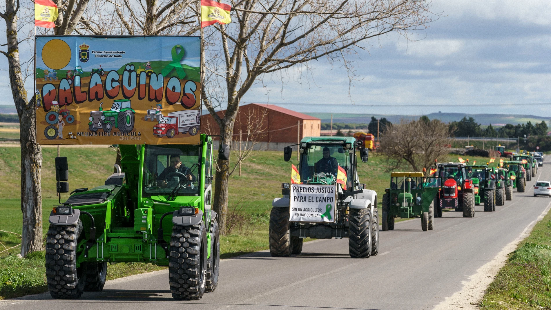 PALACIOS DE GODA (ÁVILA), 24/02/2024.- La localidad abulense de Palacios de Goda acoge la undécima edición de "Palagüinos", una concentración invernal de tractores que este año ha tenido un carácter más reivindcativo, teniendo en cuenta las protestas que viene protagonizando el sector en las últimas semanas. EFE/Raúl Sanchidrián