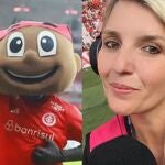 La reportera, junto a Saci, mascota del Internacional de Porto Alegre