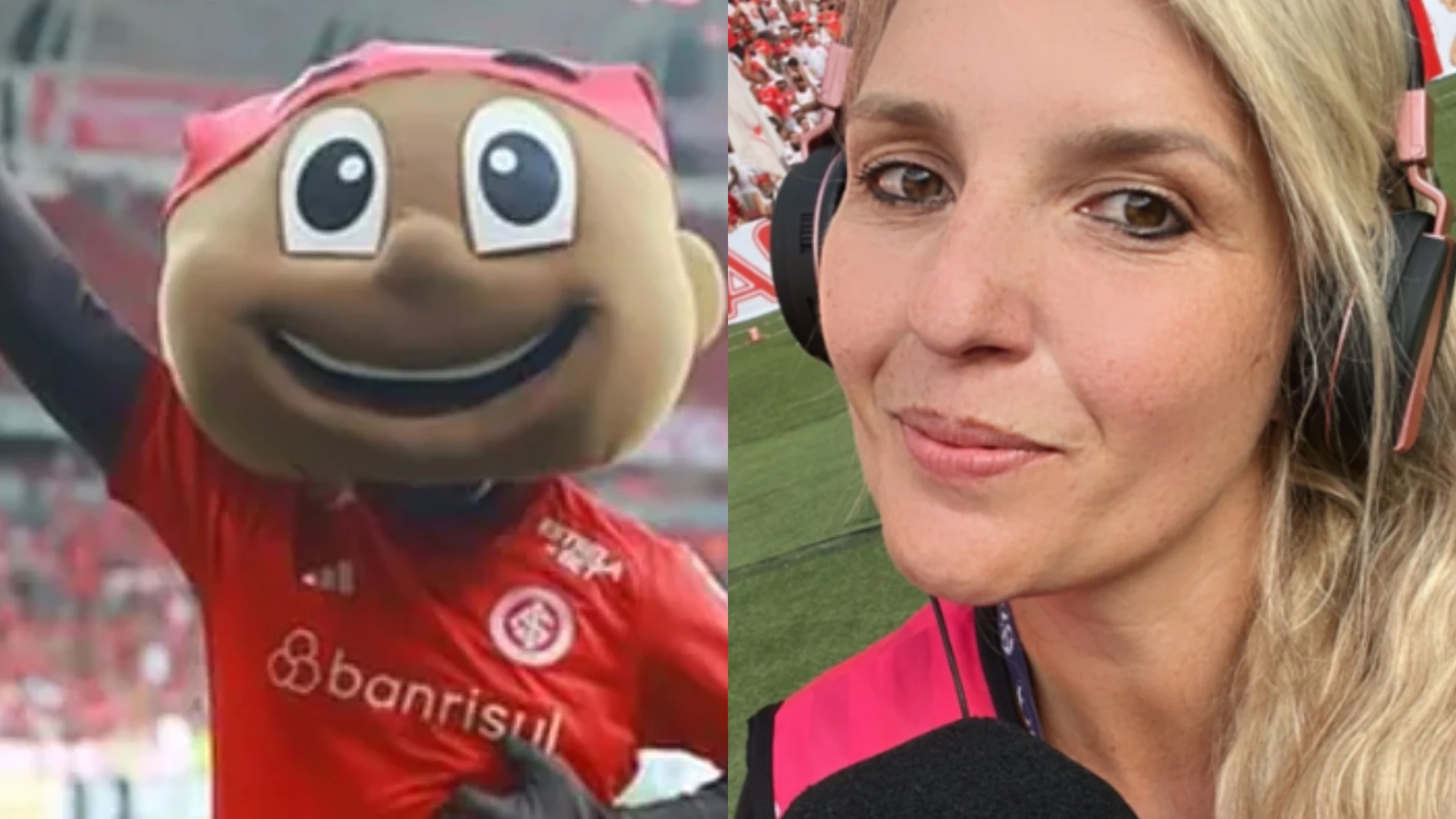 La reportera, junto a Saci, mascota del Internacional de Porto Alegre