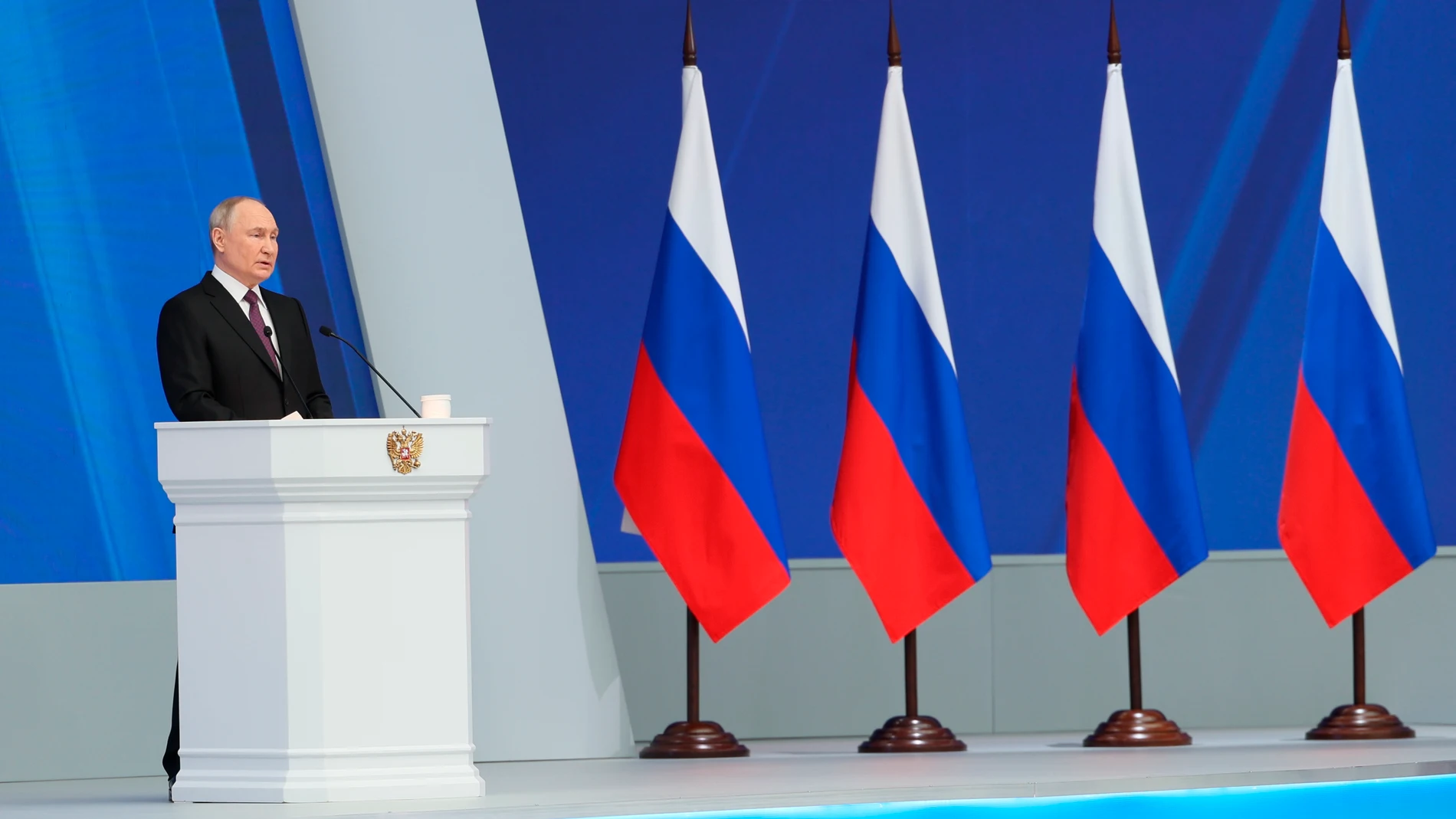 Russian President Vladimir Putin delivers his state-of-the-nation address in Moscow, Russia, Thursday, Feb. 29, 2024. (Gavriil Grigorov, Sputnik, Kremlin Pool Photo via AP)