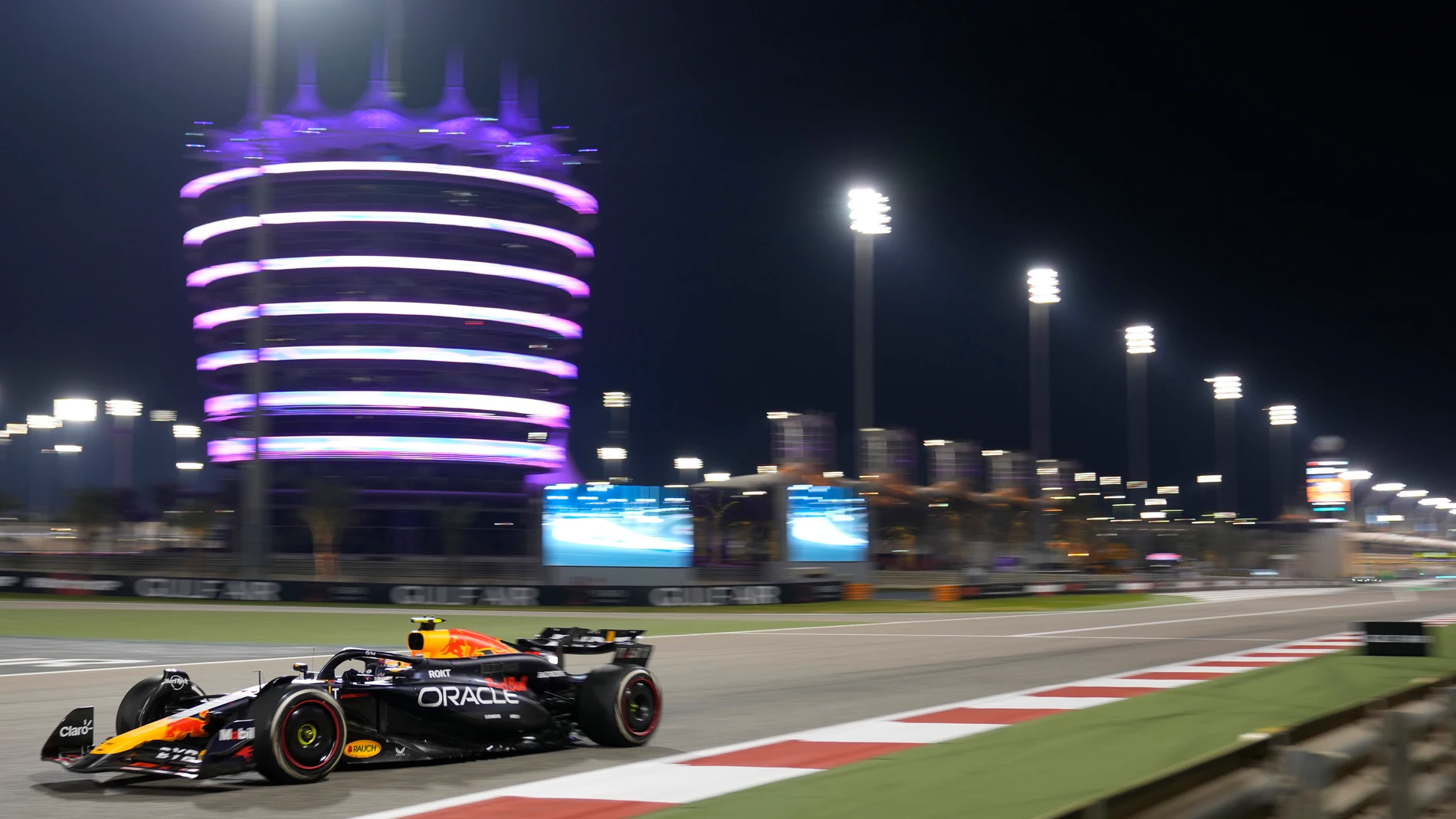 Red Bull driver Sergio Perez of Mexico steers his car during the Formula One Bahrain Grand Prix at the Bahrain International Circuit in Sakhir, Bahrain, Saturday, March 2, 2024. (AP Photo/Darko Bandic)