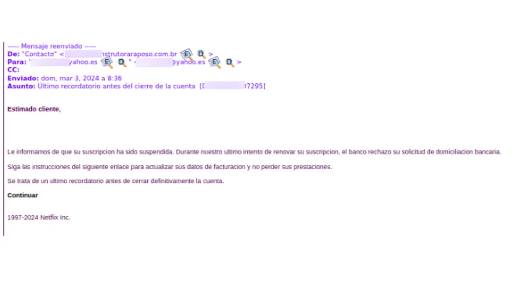 Uno de los mails phishing utilizados en la campaña.