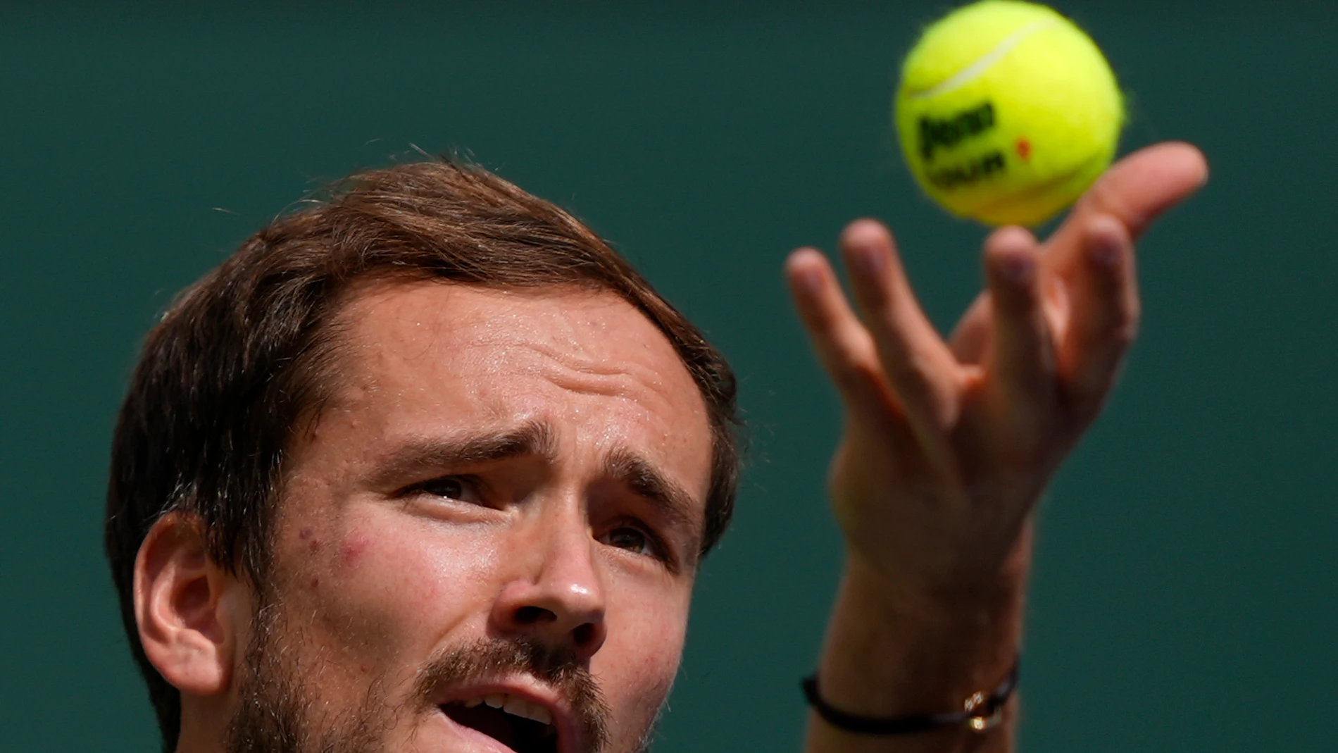 Daniil Medvedev, of Russia, serves to Carlos Alcaraz, of Spain, during the final match at the BNP Paribas Open tennis tournament, Sunday, March 17, 2024, in Indian Wells, Calif. (AP Photo/Ryan Sun)