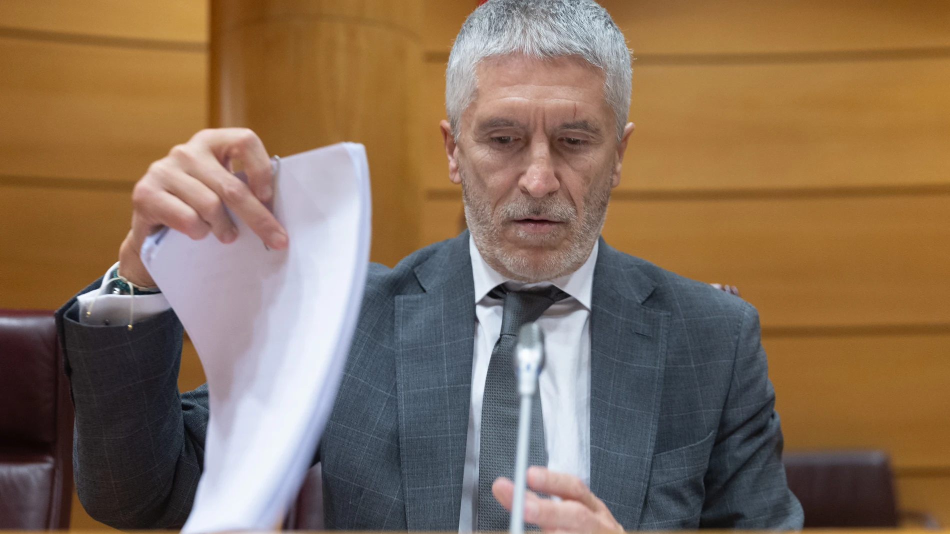 El ministro del Interior, Fernando Grande-Marlaska, comparece durante una comisión de Interior, en el Senado, a 18 de marzo de 2024, en Madrid (España). Durante la comparecencia, el ministro ha informado sobre las líneas generales de la política de su departamento. 18 MARZO 2024;MADRID;COMISION INTERIOR;SENADO;MARLASKA Eduardo Parra / Europa Press 18/03/2024