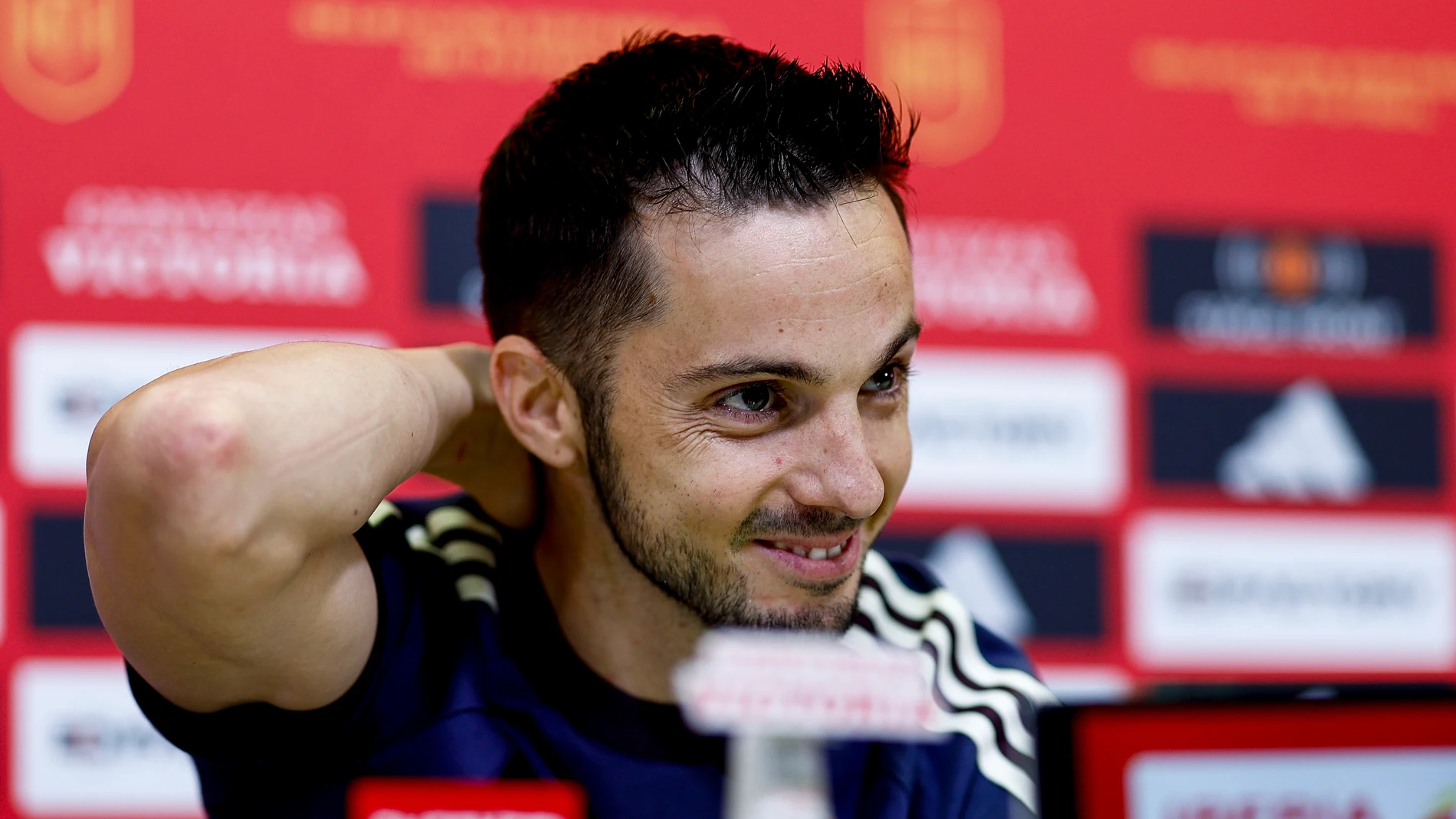 LAS ROZAS (MADRID), 19/03/2024.- El centrocampista de la selección española Pablo Sarabia durante la rueda de prensa ofrecida este martes en la Ciudad Deportiva de Las Rozas. EFE/ Rodrigo Jimenez