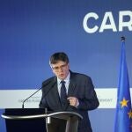 El expresidente de la Generalitat Carles Puigdemont durante la conferencia en el ayuntamiento de Elna (Francia)