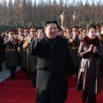  North Korean leader Kim Jong Un and his daughter Kim Ju Ae attending a banquet celebrating the 76th anniversary of the founding of the Korean People's Army (KPA) in Pyongyang, North Korea.