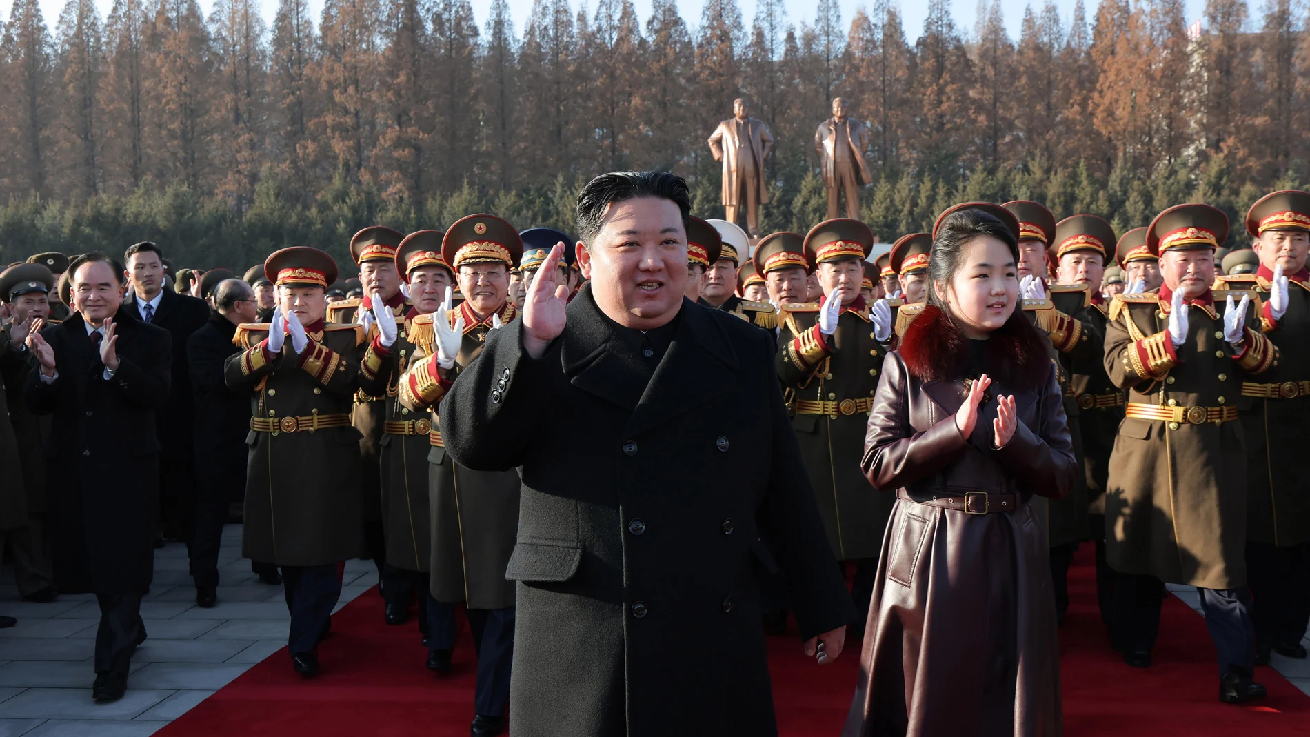 North Korean leader Kim Jong Un and his daughter Kim Ju Ae attending a banquet celebrating the 76th anniversary of the founding of the Korean People's Army (KPA) in Pyongyang, North Korea.
