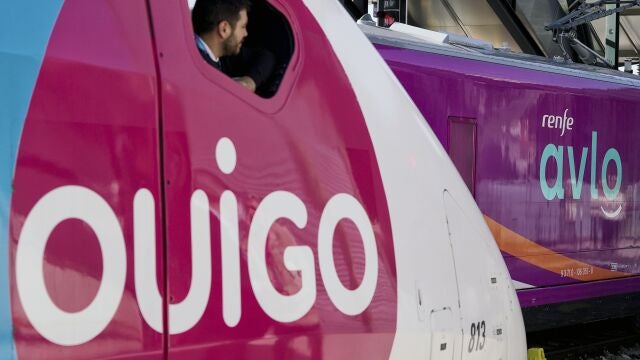 Un maquinista de la compañía de tren de alta velocidad OUIGO , observa desde la cabina un tren de la compañía de bajo coste Avlo de Renfe , en la estación de Valladolid.
