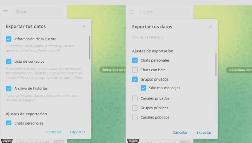 Opciones de exportación en Telegram Desktop.