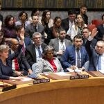 Linda Thomas-Greenfield, United States Ambassador and Representative to the United Nations, holds to abstain her vote as the United Nations Security Council passed a cease-fire resolution in Gaza during the Muslim holy month of Ramadan, its first demand to halt fighting at U.N. headquarters, Monday, March 25, 2024. 