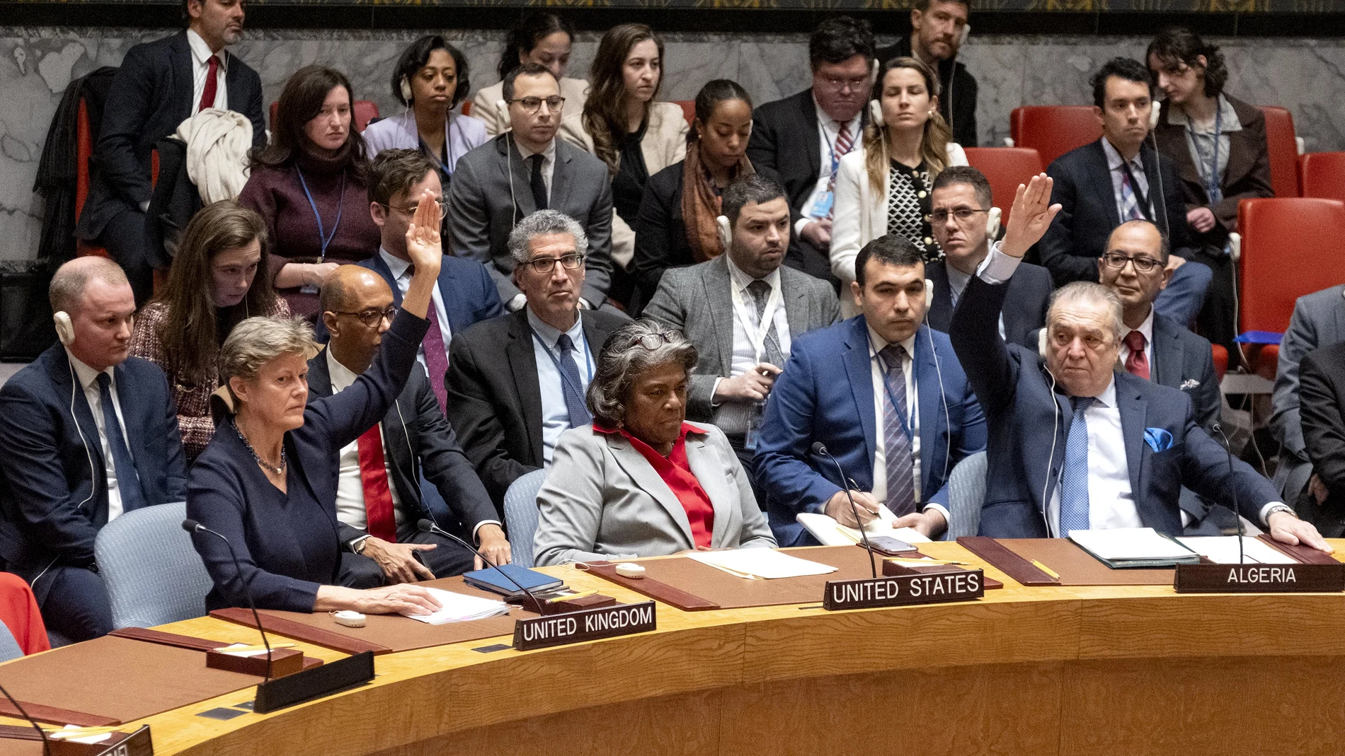 Linda Thomas-Greenfield, United States Ambassador and Representative to the United Nations, holds to abstain her vote as the United Nations Security Council passed a cease-fire resolution in Gaza during the Muslim holy month of Ramadan, its first demand to halt fighting at U.N. headquarters, Monday, March 25, 2024.