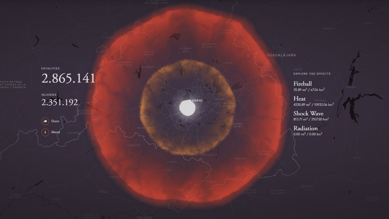 En este mapa interactivo puedes ver qué pasaría si una bomba nuclear ...
