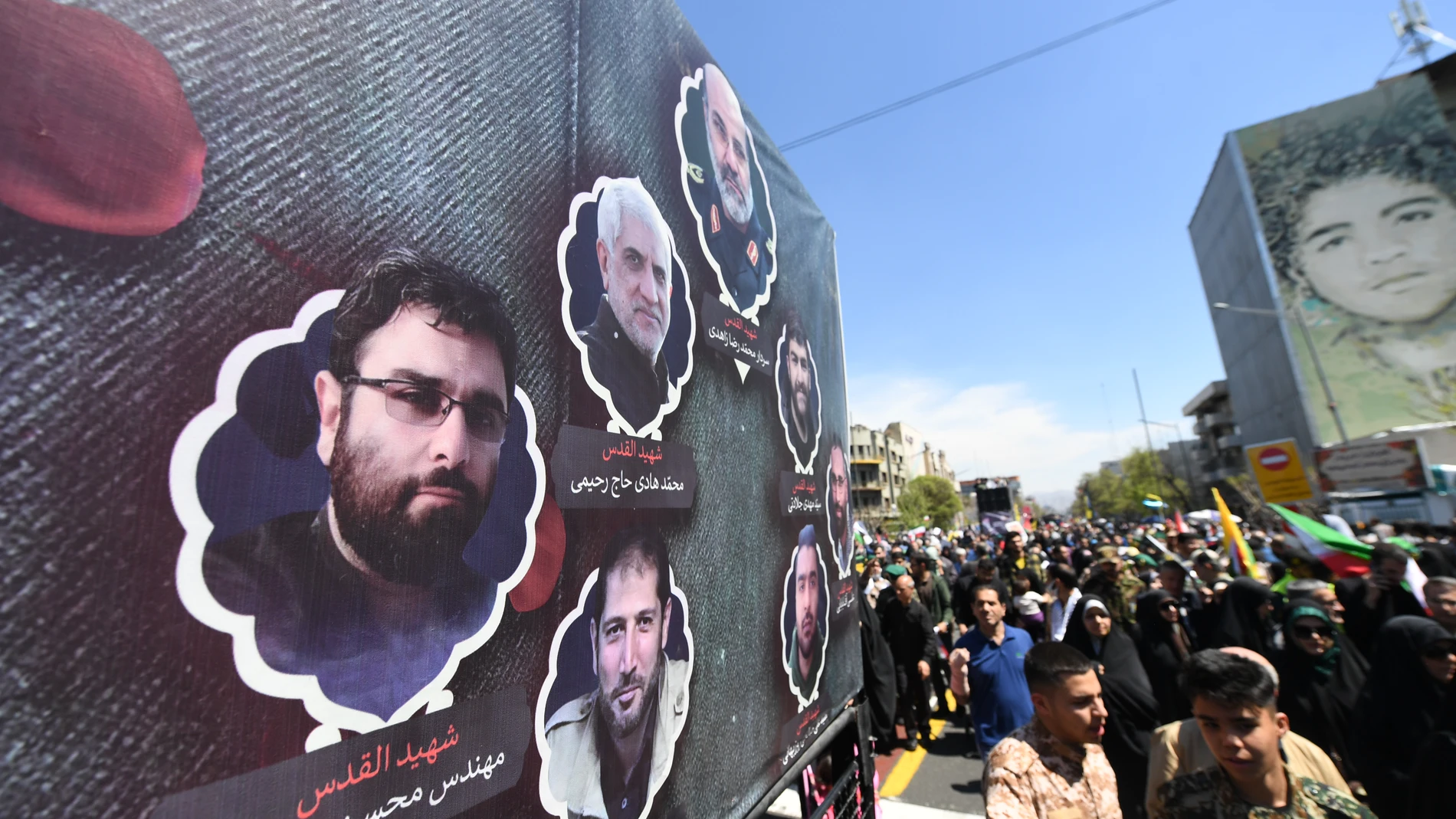 TEHRAN, April 5, 2024 -- People take part in a funeral procession for the seven Iranians killed in the Israeli attack on the consular section of the Iranian embassy in the Syrian capital Damascus, on International Quds Day in Tehran, Iran, on April 5, 2024. People gathered in large-scale rallies across Iran on Friday to condemn Israel's military operations in the Gaza Strip and its deadly attack on Iran's consulate in Syria. The nationwide rallies were staged on International Quds Day, which...
