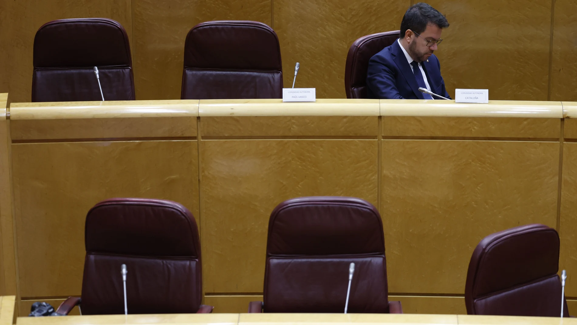 MADRID, 08/04/2024.- El presidente de la Generalitat, Pere Aragonès, en la sesión de la Comisión General de Comunidades Autónomas celebrada este lunes en el Senado en la que se debate la ley de amnistía. EFE/Mariscal