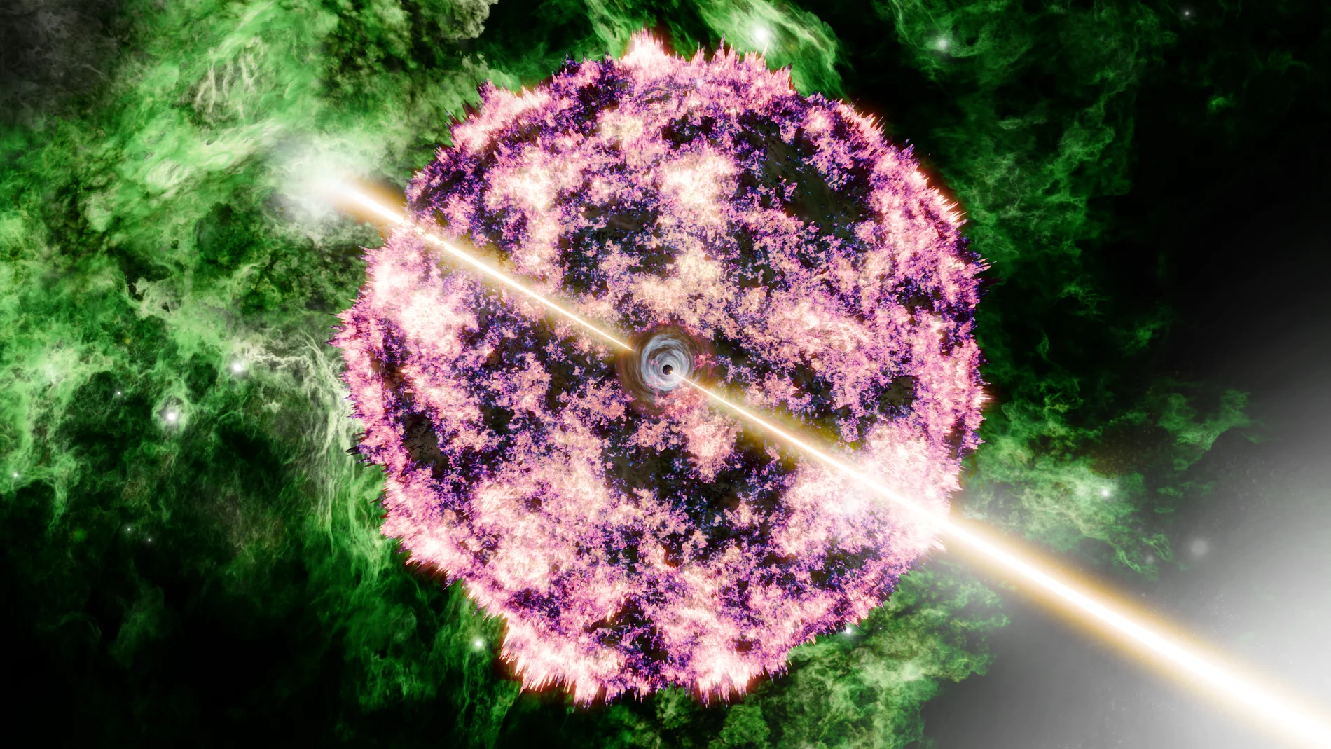 Imagen artística de GRB 221009A mostrando los chorros relativistas estrechos y los restos de la supernova. Usando el Telescopio Espacial James Webb, Peter Blanchard y su equipo confirmaron que el GRB fue causado por el colapso de una estrella masiva en una región de formación estelar densa.